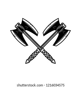 Crossed medieval axe. Design element for label, badge, sign. Vector illustration