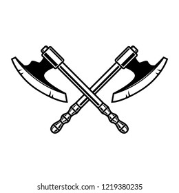 Crossed medieval axe. Design element for label, badge, sign. Vector illustration