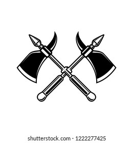 Crossed medieval axe. Design element for label, badge, sign. Vector illustration