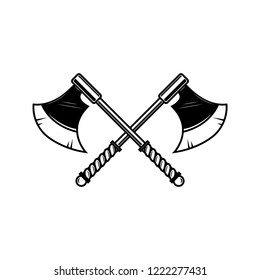 Crossed medieval axe. Design element for label, badge, sign. Vector illustration