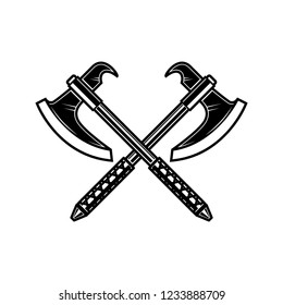 Crossed medieval axe. Design element for label, badge, sign. Vector illustration