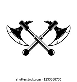 Crossed medieval axe. Design element for label, badge, sign. Vector illustration