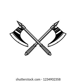 Crossed medieval axe. Design element for label, badge, sign. Vector illustration