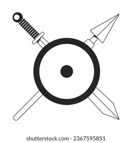 Überquerte mittelalterliche Waffe hinter Schild flach monochrome einzelne Vektorobjekt. Schwert und Speer. Bearbeitbare Schwarz-Weiß-Kunstzeichnung. Einfache Umriss-Spot-Illustration für Web-Grafikdesign