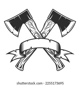 Crossed metal ax with handle made of wood and ribbon. Wooden axe construction builder tool. Element for business woodworking or lumberjack emblem or icon. svg