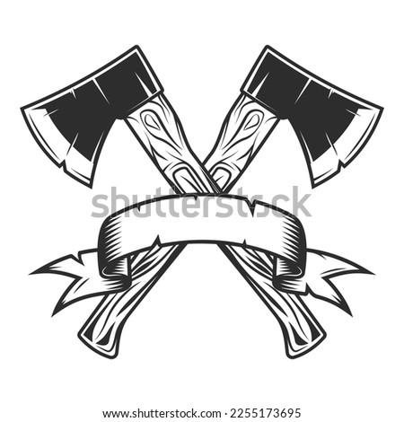 Crossed metal ax with handle made of wood and ribbon. Wooden axe construction builder tool. Element for business woodworking or lumberjack emblem or icon.