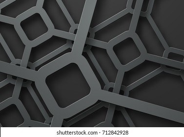 Crossed metal lines of diamonds at different levels of height on a black background. Technological backdrop template.
