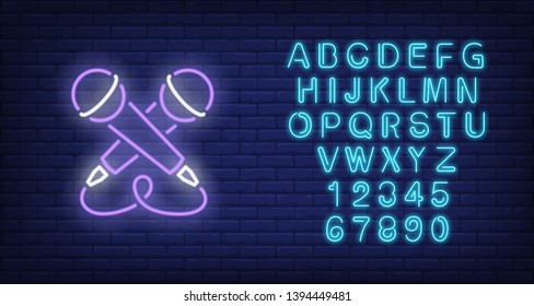 Crossed microphones neon sign. Luminous signboard with stage equipment. Night bright advertisement. Vector illustration in neon style for karaoke, entertainment