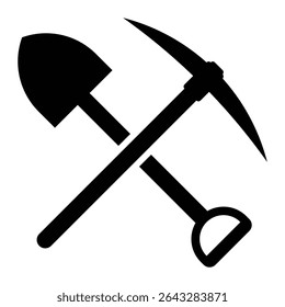 Crossed miner pickaxe and shovel icon. Silhouette of mining tools for construction, excavation, digging, or manual labor. Vector illustration, isolated.
