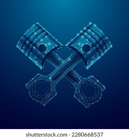 Crossed motorcycle pistons in digital polygons. Abstract car engine pistons in blue. Low poly wire-frame vector illustration. Technology transportation background