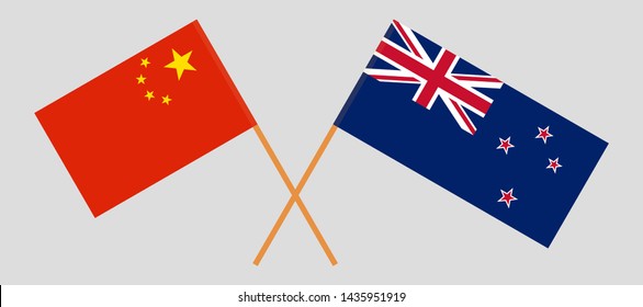 Crossed New Zealand and Chinese flags. Official colors. Correct proportion. Vector illustration