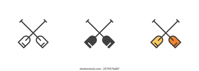 Crossed oars different style icon set. Line, glyph and filled outline colorful version, outline and filled vector sign. Paddle symbol, logo illustration. Vector graphics