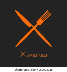 Crossed orange knife and fork on black as logo of cafe or restaurant