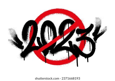 Crossed out 2023 sprayed tag font graffiti with overspray in black over white. Vector illustration.
