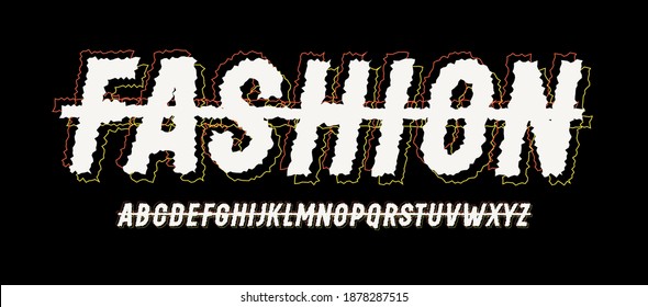 Crossed out alphabet, Italic condensed font, bold narrow letters with divide line and jagged edges. Vector typography design, young fashion style.