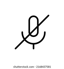 Crossed out audio microphone vector thin line icon in black. Off mic concept. Muted Microphone. Isolated symbol, flat outline illustration for: sign, dev, app, graphic, design, web, ui, ux. EPS 10.