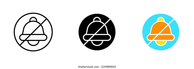 Crossed out bell. Turn off the sound, silent mode, ban, turn off notifications, messages, communications, ringtone, call, reminder. Vector set icon in line, black and colorful styles isolated
