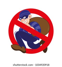 Crossed out cartoon dangerous criminal insidious cunning thief dressed in dark mask fast running big bag stolen more moneys and coins. Bank finance fraud. Modern vector style illustration flat design.