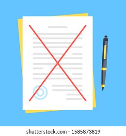 Crossed out document. Break contract, cancelling agreement, rejection concepts. Modern flat design. Vector illustration