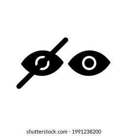 Crossed out eye, hide, unseen or dont look black icon. Eye badge. Show password. Isolated symbol sign used for: illustration, outline, logo, mobile, app, design, web, dev, ui, ux, gui. Vector EPS 10