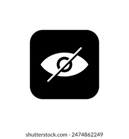 Crossed out eye icon on black square. Sensitive content concept
