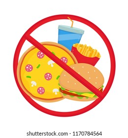 Crossed out junk food. Pizza, burger, french fries,soda.Vector flat cartoon illustration icon design. Isolated on white background.Healthy dietary,habits concept