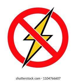 Símbolo de relámpago tachado, sin electricidad, dispositivos eléctricos prohibidos, Ilustración vectorial