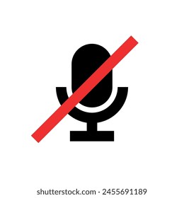 Crossed out microphone (mike) icon. Symbol of voice or sound. Pictogram for turning the sound on and off. An attribute of a singer, speaker, or announcer.