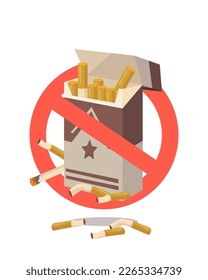 Atravesado de un paquete de cigarrillos ilustración vectorial plana. Rojo, no hay señas de tabaco en círculo con cigarrillos estrechos aislados en un fondo blanco. Publicidad, salud, concepto de adicción