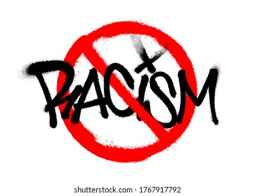 Crossed out racism sprayed font graffiti with overspray in black over white. Vector graffiti art illustration.