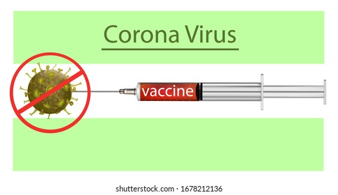 Crossed out Realistic virus cell logo. Coronavirus Covid-19 vaccine. Beat virus. Inject medicine. Defeat disease. Vector. Syringe with vaccine for coronavirus. Medicine for coronavirus infection.