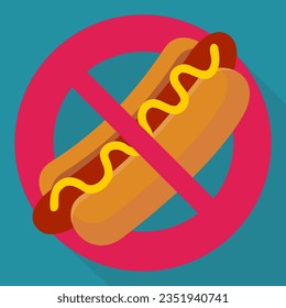Crossed out red circular prohibition symbol on a hot dog with its bun sausage and mustard on a blue background with shadow in a flat design style