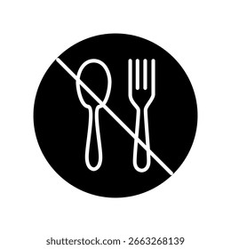 Crossed out sign with fork and spoon glyph icon. Black silhouette symbol isolated on white background. Vector illustration