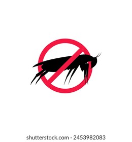 Crossed out silhouette of a cockroach. Pest prohibition sign. Insects control and extermination. Vector symbol on white background. 