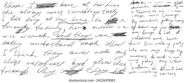 Crossed out, Sweeping,  unreadable handwriting Fragment of letter crossed out and underlined illegible doodle isolated on white background