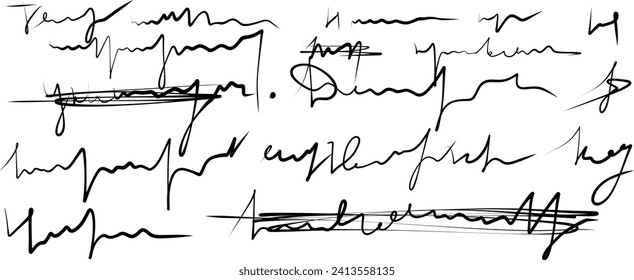 Crossed out, Sweeping,  unreadable handwriting Fragment of letter crossed out and underlined illegible doodle isolated on white background