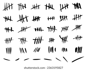 Crossed out tally marks. Black lines with slash. Prison wall counting method. Strikethrough signs. Isolated rough strokes. Mathematical score. Hand drawn primitive