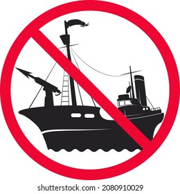 Crossed out whaling ship icon. Prohibition of hunting and fishing for whales in the ocean