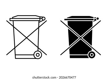 El cubo de ruedas tachado. Señal de reciclado de residuos de aparatos eléctricos y electrónicos. Señal prohibida para la basura electrónica. Icono de contorno y glifo del contenedor. Vector
