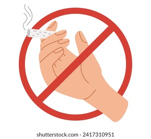 Crossed out within red circle human hand hold cigarette. No smoking, prohibition sign. Smoking addiction. Vector illustration in hand drawn style