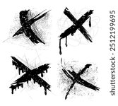 Crossed out X marks drawn with black dry charcoal strokes in the shape of the letter X in vector - jagged scratched lines isolated on a white paper background with extra pencil shards around