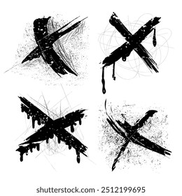 Crossed out X marks drawn with black dry charcoal strokes in the shape of the letter X in vector - jagged scratched lines isolated on a white paper background with extra pencil shards around