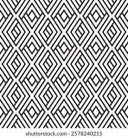 Crossed overlapped diagonal black rectangular lines rhombus grid vector square seamless geometric pattern or texture.