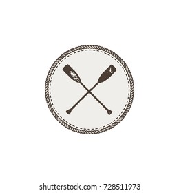 crossed paddles icon patch and sticker. Vintage hand drawn outdoor adventure design. Canoe and kayak symbol. Camping icon. Stock vector isolated on white background.