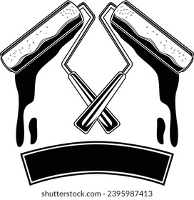 Crossed paint roller brush with banner emblem design. Painting roller brush vector illustration