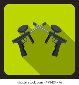 Crossed paintball guns icon in flat style on a green background vector illustration