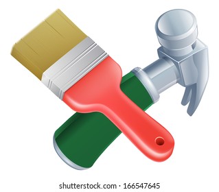 Crossed paintbrush and hammer tools icon of cartoon tools crossed, construction or DIY or service concept