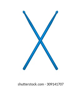 Crossed pair of blue wooden drumsticks