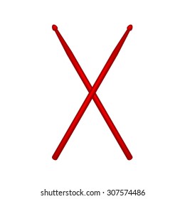 Crossed pair of red wooden drumsticks