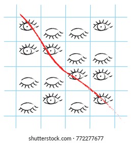 Crossed paper with eyes. Four eyes with one line.